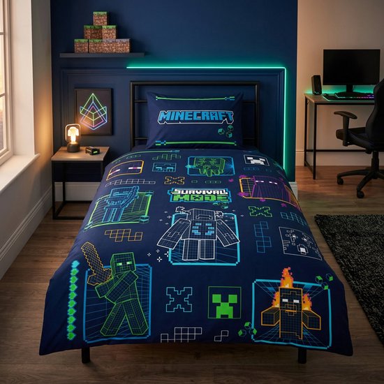Minecraft Dekbedovertrek Survival Mode - 140 x 200 + 65 x 65 cm - Polyester