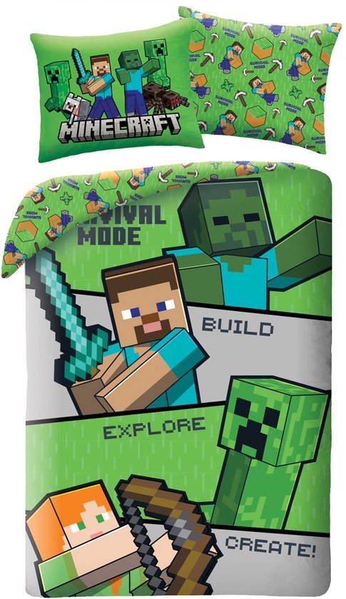Minecraft Dekbedovertrek Survival Mode - 140 x 200 + 70 x 90 cm - Polyester van Merkloos