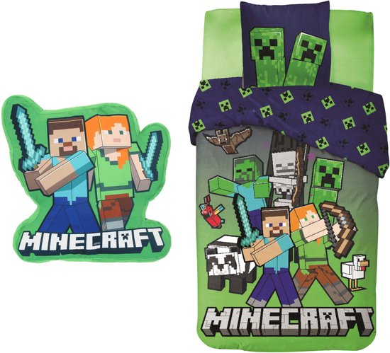 Minecraft slaapkamerset; dekbedovertrek en kussen