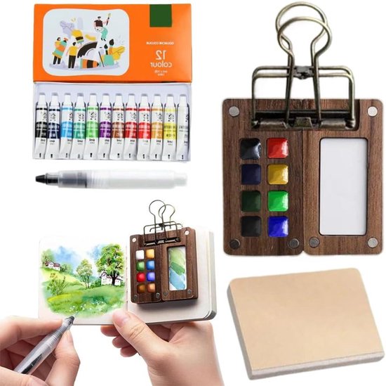Mini Aquarel Travel Set - Draagbare Aquarelset met houten schilderpalet en bindclips