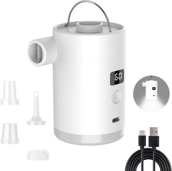 Mini Elektrische Luchtpomp - Draagbare Luchtbedpomp - Elektrische Vacuümpomp met LED - 4000mAh 280L/min - Geschikt voor Luchtbed, Zwemband & Vacuümzakken - Wit
