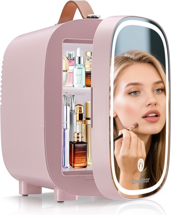 Mini Koelkast - Compacte Koeler - Cosmetica Bewaren - Met LED Spiegel - 4 Liter - Roze