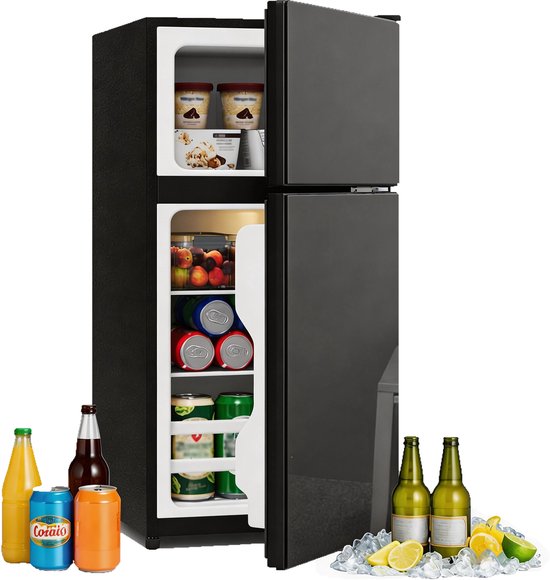 Mini koelkast met vriesvak - Tafelmodel koelkast-Vrijstaande koelkast - Glazen deur - Stille werking - 60L -Energielabel E-Kantoor en woonkamer - 42,5x44,5x87,5cm - Zwart