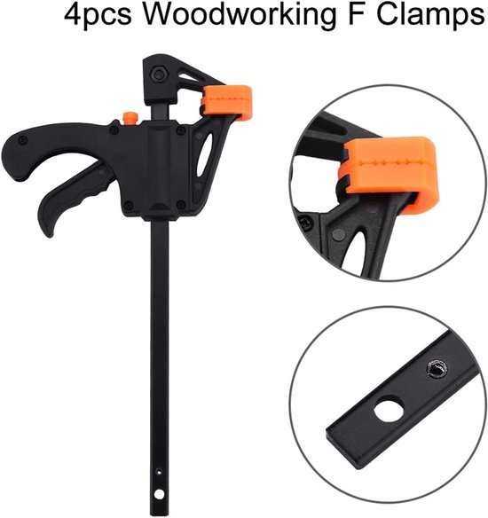 Mini one-hand clamps - 4-piece set - F screw terminals - 11.7 x 19.8 cm - plastic and aluminium alloys - precise fixation - maximum clamping distance approx. 10 cm - handige klemmen
