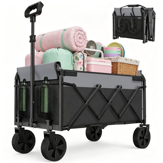 Mini Opvouwbare Bolderkar - Trekkar - Transportkar - Handkar - Compact - Lichtgewicht - Stabiel - Verstelbaar - Kamperen - 74x46x96,5 cm - 100 kg - Zwart