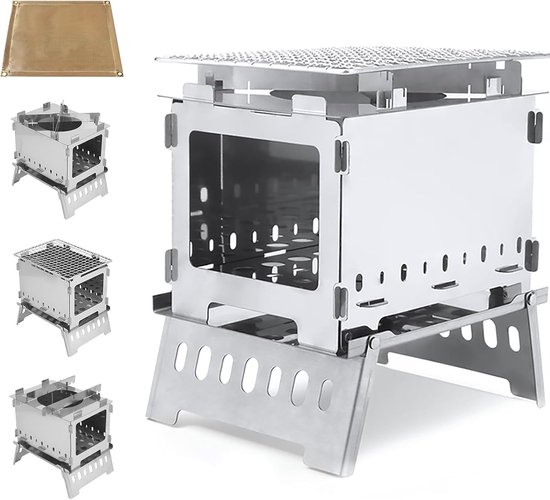 Mini Wood Stove - Vouwbare - Draagbare Kleine Campingkachel voor Hiking - Picknick - BBQ - Reizen met Tas en Vuurmat van Merkloos