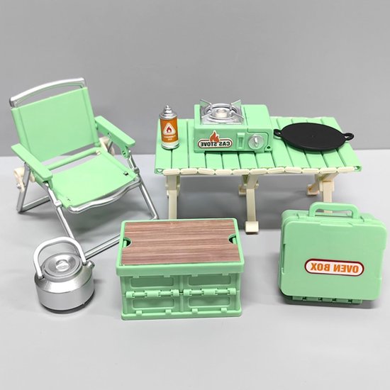 Miniatuur Meubelset - Kampeer Set - Poppenhuis Decoratie - 8 Delig Realistisch - Schaal 1:12 - Mint Groen