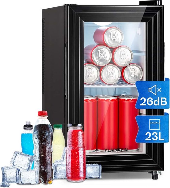 Minibar Brooklyn 23 Slim koelkast led kunststof-inzet glazen deur - Minikoelkast - 23L 26 dB - voor Kantoor - Stil Compact Geruisloos - Zwart - voor Keuken - Fluisterstil - Wit - Mini