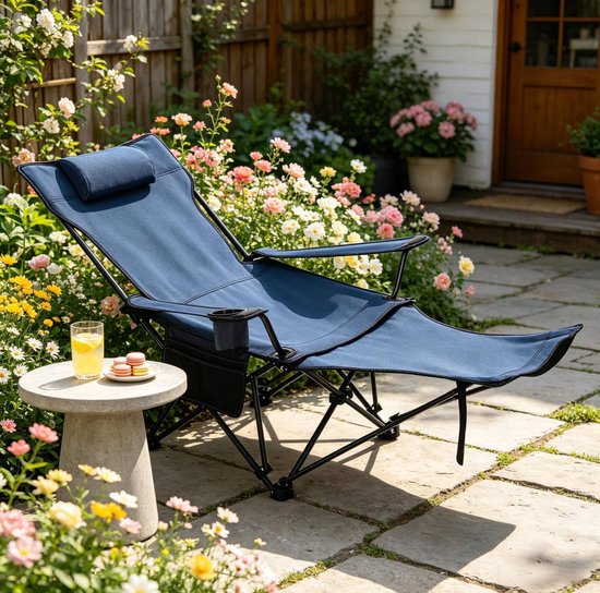 MIVRAY Campingstoel 160 x 84 x 88,5 cm - Verstelbare Rugleuning Met Uitschuifbare Voetensteun - Voor Camping En Strand - Oxford Stof En Staal Blauw