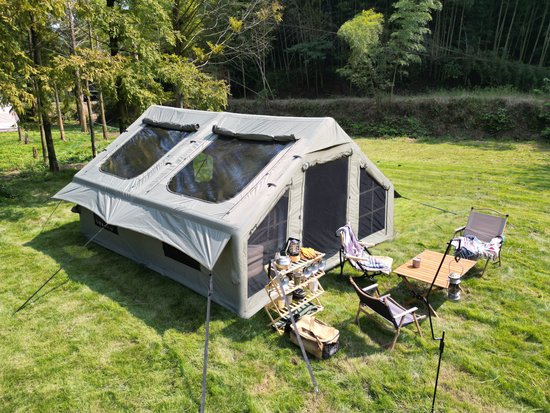 MIVRAY Opblaasbare Tent – 400 x 300 x 200 cm – Polyester – Legergroen – Voor 7-8 Personen Kamperen – Waterdicht en Snel Opgezet
