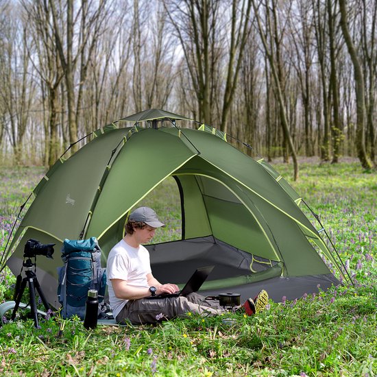 MIVRAY Tent – 210 x 210 x 140 cm – Snel Op Te Zetten – Polyester – Donkergroen – 4 Seizoenen Familiekamperen voor 3 Personen