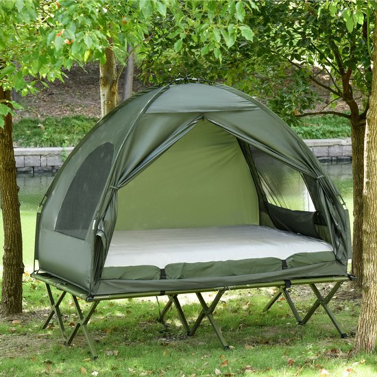 MIVRAY Tent – Koepeltent Met Verhoogd Campingbed Voor 2 Personen – 193 x 145 x 180 cm – Polyester – Groen – Met Luchtmatras En Pomp