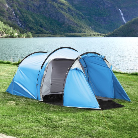 MIVRAY Tent – Tunneltent Voor 2-3 Personen – 426 x 206 x 154 cm – Polyester – Lichtblauw – Met Voorruimte, 2 Deuren En Draagtas