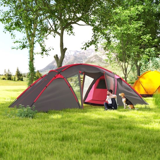 MIVRAY Tunneltent – 6,15 x 2,35 x 1,95 m – 3 Compartimenten en Dubbele Deuren – Polyester – Grijs – Familiekamperen met UV-bescherming