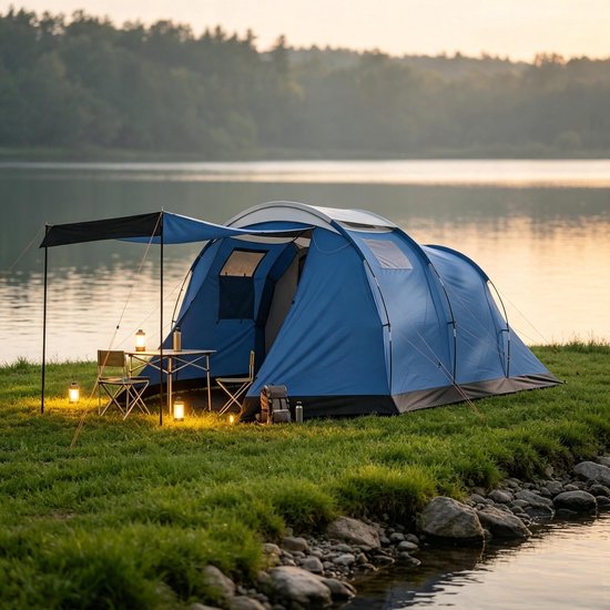 MIVRAY Tunneltent – Waterdicht 3000 Mm En Dubbelwandig – 460 X 260 X 190 Cm – Polyester – Blauw – 4-Persoons Kampeertent Met Voortent