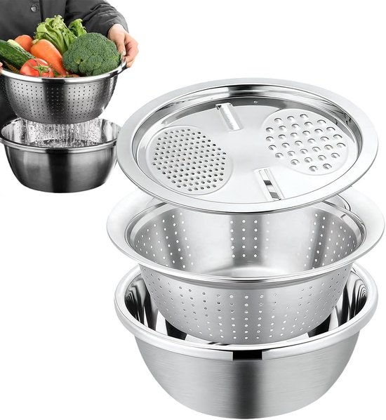 Mixing Bowl & Vergiet Set - Roestvrij staal | Multifunctionele mengkom van roestvrij staal en draining vergiet met rooster, ideaal voor het maken van salade met maaltijden, en verstevigend voedsel