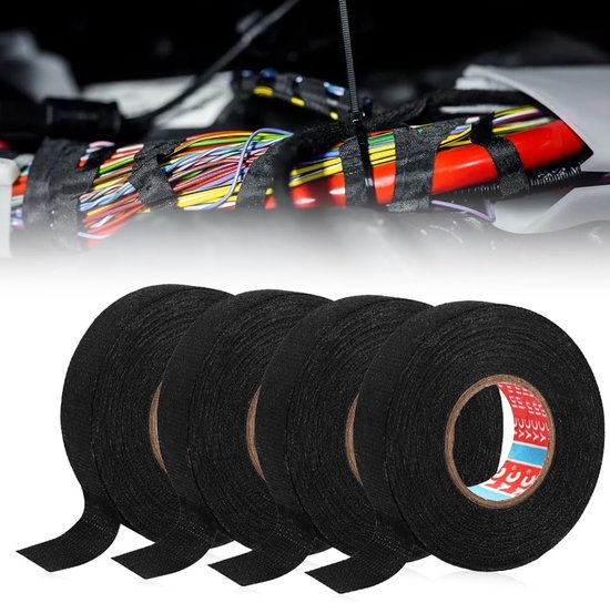 Mizikuu Textieltape, 4 stuks, 19 mm x 15 m, isolatietape voor kabelbundel, zelfklevende geluidsdemping, kabelgeweven band voor bedradingsprojecten en reparaties, zwart