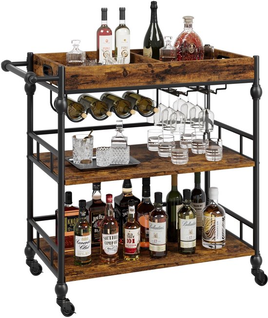 Mobiele Barwagen – Serveerwagen – Trolley – Wijnkar – Drinkkar – Retro Kleur – Hardhout – 4 Draaibare Wielen van Merkloos