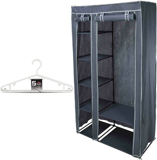 Mobiele kledingkast/garderobekast - incl 10x hangers - opvouwbaar - grijs - 174 cm van MOB