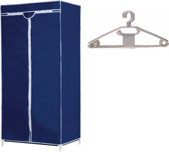 Mobiele opvouwbare camping kledingkast met blauwe hoes 160 cm - incl 10x witte kledinghangers van MOB