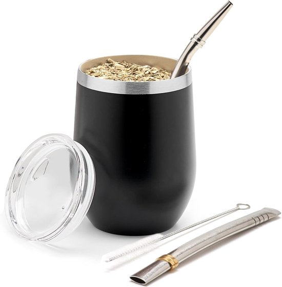 Moderne 350 ml Yerba Mate Kalebas Set - Dubbelwandig Roestvrij Staal - Inclusief Twee Bombilla's en Schoonmaakborstel