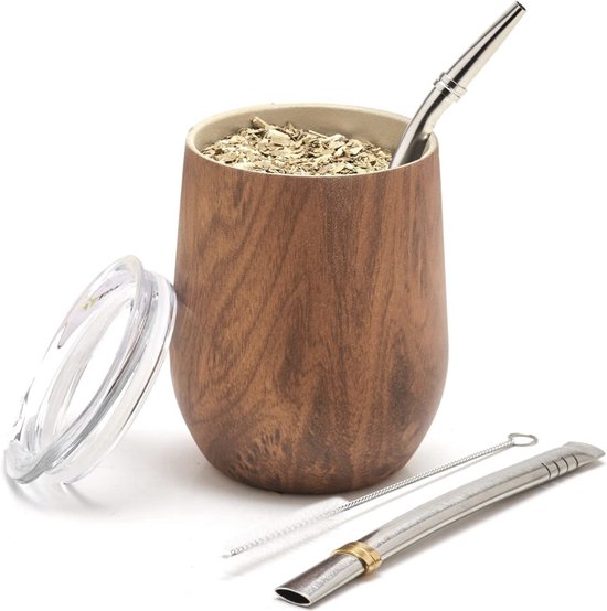 Moderne 350 ml Yerba Mate Kalebas Set (Mate Cup) - Dubbelwandig 18/8 roestvrij staal - Inclusief twee bombilla's en een schoonmaakborstel (HOUT, 355 ml)