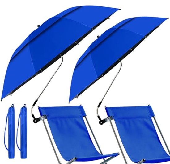 ModernStore Set van 2 strandparasols met klem, UPF 50+, 360° verstelbaar, voor strandstoel, campingstoel en rolstoel - Dubbellaagse overkapping, Blauw
