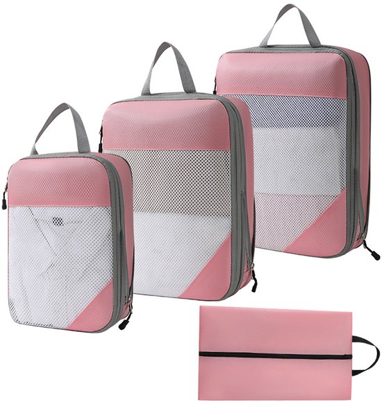 MODFU Compressiezakken voor Kleding – 4 Delige Reis Opbergset met 3 Cubes & 1 Schoenentas – Ruimtebesparend – Lichtgewicht & Duurzaam – Oxford Stof – Roze – 40x30x9 cm