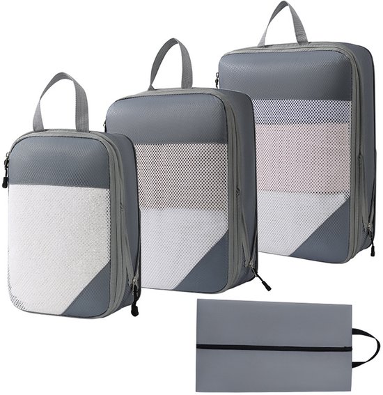 MODFU Compressiezakken voor Kleding – 4-delige Reis Set met 3 Cubes & 1 Schoenentas – Ruimtebesparend & Waterdicht – Oxford Stof – Grijs – 40x30x9 cm