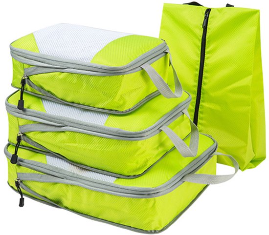 MODFU Compressiezakken voor Kleding – 4-delige Reis Set met 3 Cubes & 1 Schoenentas – Ruimtebesparend & Waterdicht – Oxford Stof – Groen – 38x28x4 cm
