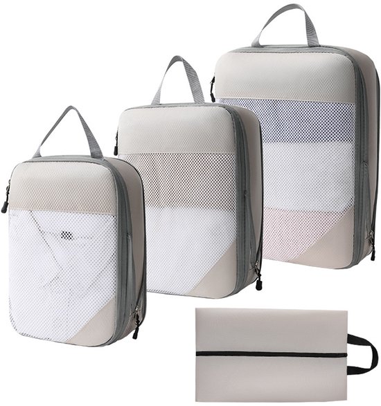 MODFU Compressiezakken voor Kleding – 4-delige Reis Set met 3 Cubes & 1 Schoenentas – Ruimtebesparend & Waterdicht – Oxford Stof – Lichtblauw – 38x28x4 cm