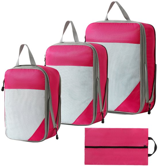 MODFU Compressiezakken voor Kleding – 4-delige Reis Set met 3 Cubes & 1 Schoenentas – Ruimtebesparend & Waterdicht – Oxford Stof – Magenta – 38x28x4 cm