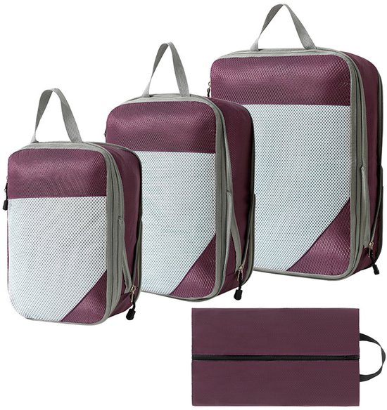 MODFU Compressiezakken voor Kleding – 4-delige Reis Set met 3 Cubes & 1 Schoenentas – Ruimtebesparend & Waterdicht – Oxford Stof – Paars – 40x30x9 cm