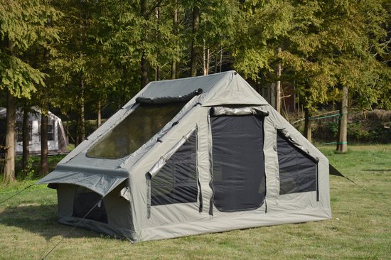 MODFU - Grote Opblaasbare Kampeertent - Kacheldoorvoer - Snelle Opzet - Polyester - Legergroen - Voor 4-6 Personen