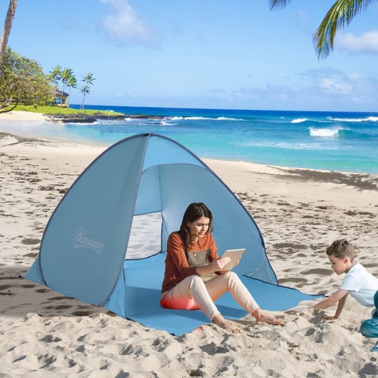 MODFU - Pop-Up Strandtent - Automatisch Opzetbaar - Met Uv-Beschermende Coating - Polyester - Blauw - 200 X 150 X 119 Cm van Merkloos