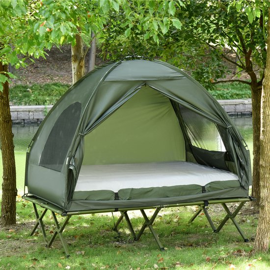 MODFU - Verhoogd Campingbed Met Koepeltent - Met Luchtmatras En Voetpomp - Oxford Stof - Groen - 193 X 136 X 178 Cm van Merkloos