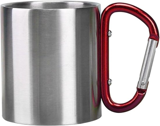 Mok - Beker - Camping Beker - Outdoor Beker - Dubbelwandig - 220ml - metalen beker met karabijn - voor kamperen in de buitenlucht, bergbeklimmen