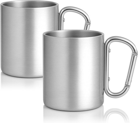 Mok met karabijnhaak - Dubbelwandige Mok - RVS - 300 ml - Drinkbeker - voor Kamperen & Backpacken - Camping Beker - Zilver