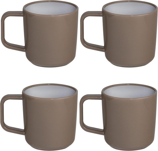 Mokken Set - Camping Servies - Outdoor Gebruik - Antislip Bodem - 4 stuks 350ml - Bruin Wit