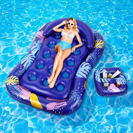 MoKo Inflatable Pool Floats Adult-Water Lounge with Detachable Headrest & Cup Holders Pool Lounger Float Raft Swimming Pool Floaties Toys for Party Lake Summer Beach Outdoor, Deep Blue Leaves