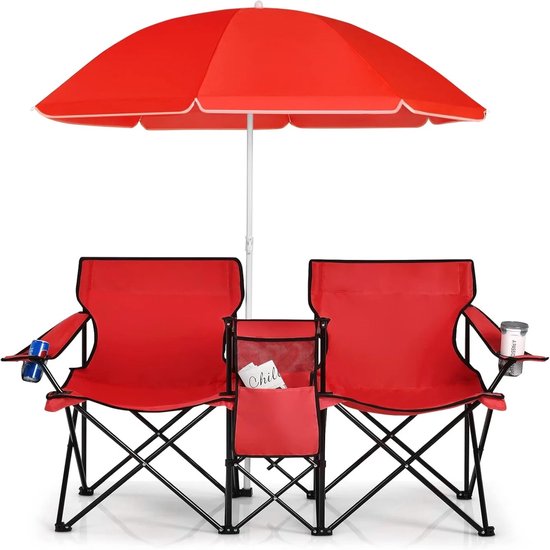 MokoHub 2-zits campingstoel - Kampeerstoelen met parasol - Opvouwbaar - Met bekerhouder - 160x55x85 cm - Rood