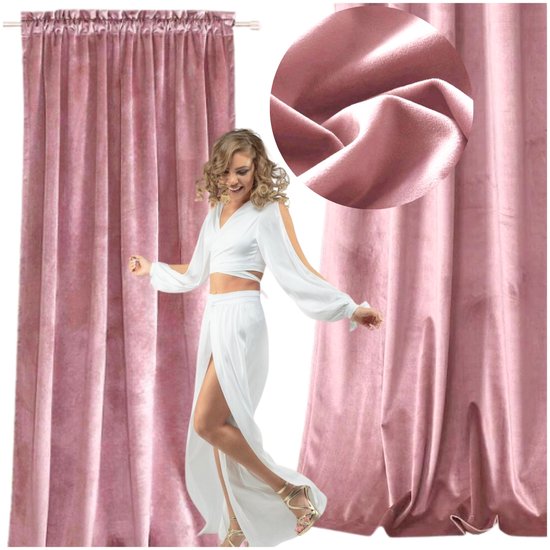 More&Deco - Velours Gordijn - Roze - 250x140 cm - Klaar om op te hangen van Merkloos