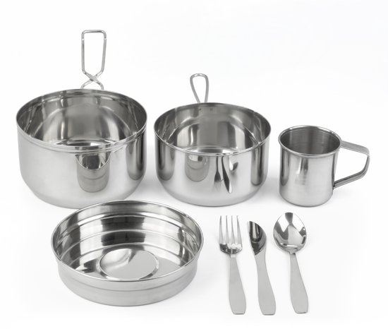 Moritz Camping Kookset 7-delig RVS - Kampeerservies met 2 Pannen, Bord, Beker en Bestek - Stapelbaar en Lichtgewicht voor Kamperen, Wandelen, Trekking en Picknick