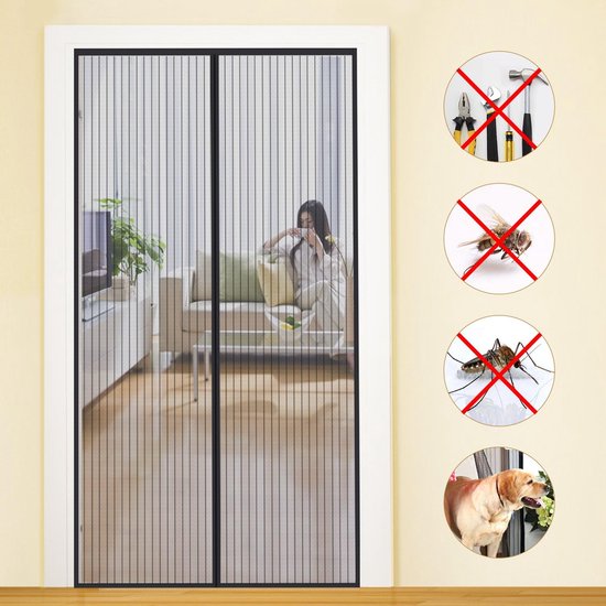 Mosquito Net, Window Door Curtain, Magnetic Closure | Magnetic Fly Screen for Balcony Door Patio Insect Protection Ultra Thin Mesh No Drilling with Adhesive Tape, zwart, 250*200cm