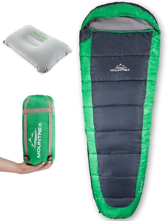 MOUNTREX® Slaapzak - Ultralicht & Compact (850g) - Outdoor Zomerslaapzak - Mummieslaapzak (205x75cm) - Klein Pakformaat en Licht - voor Jongere en Volwassenen + Reiskussen