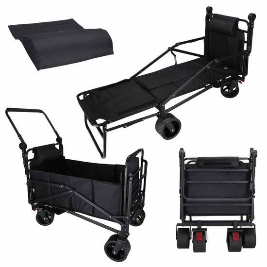 MOZY® - 2 in 1 Bolderkar en Ligbed - Zwart - 120 x 64 x 108 cm - tot 150 kg - Verstelbare Hendel - Opvouwbaar - Bolderwagen - Duwkar - Ligbed - Veldbed - Kampeerbed - Ligstoel - Visbed - Stretcher van Merkloos