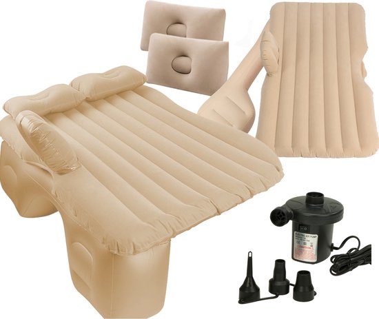 MOZY - Auto Luchtbed - met Elektrische Pomp - Inclusief Kussens - tot 300 kg - met Draagtas - Beige - 130 x 80 cm - met Reparatiesetje - Draagbaar Luchtmatras - Auto Bed - Achterbank - Opblaasbaar Matras voor Auto van MOZY