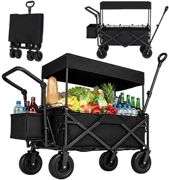 MOZY® - Bolderkar met Luifel - Zwart - Brede Wielen - 130 x 60 cm - tot 120 kg - Verstelbare Hendel - Opvouwbaar - Bolderwagen - Duwkar van Merkloos