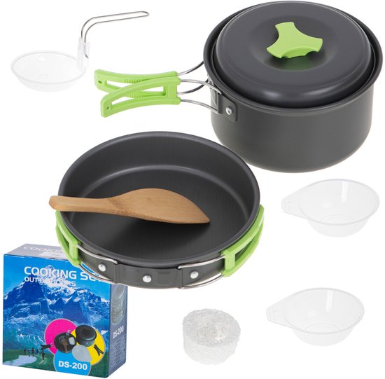 MOZY® - Camping Kookset - 9 delig - Grijs / Groen - met Accessoires - Kampeer Pannen - Kamperen - Survival - Pannenset Kamperen