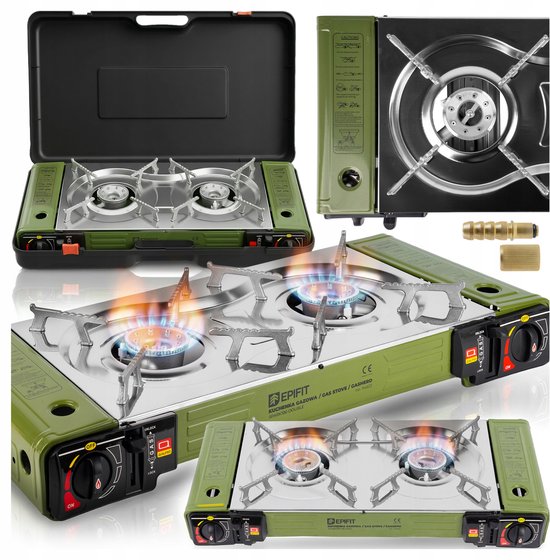 MOZY® - Draagbaar Gasfornuis - in Koffer - Groen - Antislip - Dubbele Gaspit - Tweepits Gastoestel - Camping Kooktoestel - Draagbaar Gasfornuis
